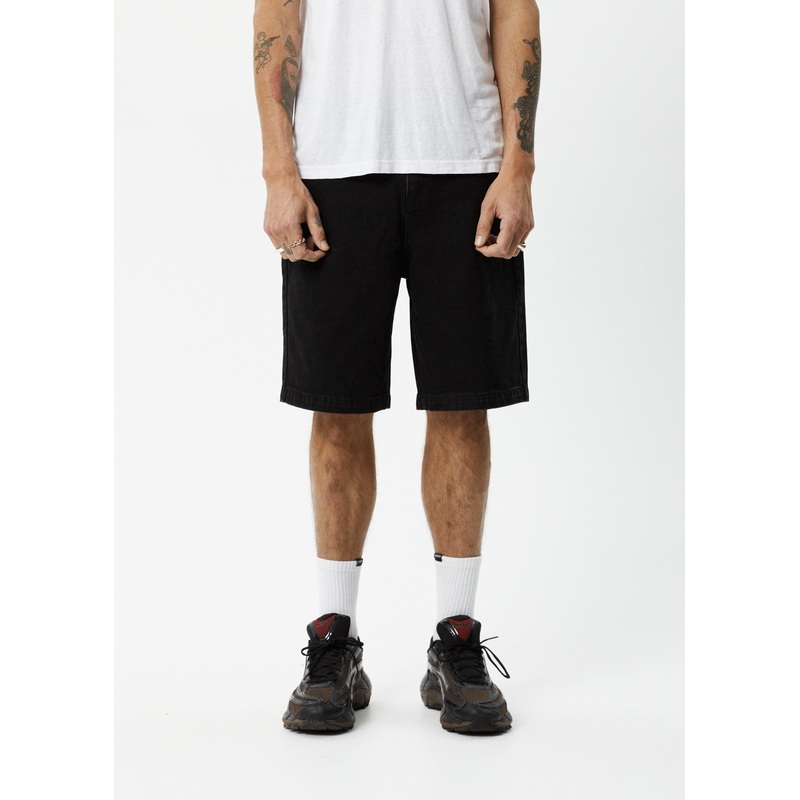 AFENDS Mens Lil C – Denim Baggy Short 22 – Washed Black