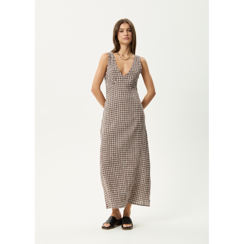 AFENDS Womens Base – Seersucker Maxi Dress – Coffee Check