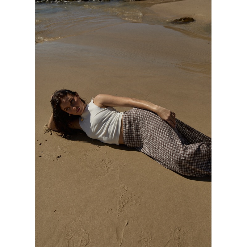 AFENDS Womens Base – Seersucker Maxi Skirt – Coffee Check