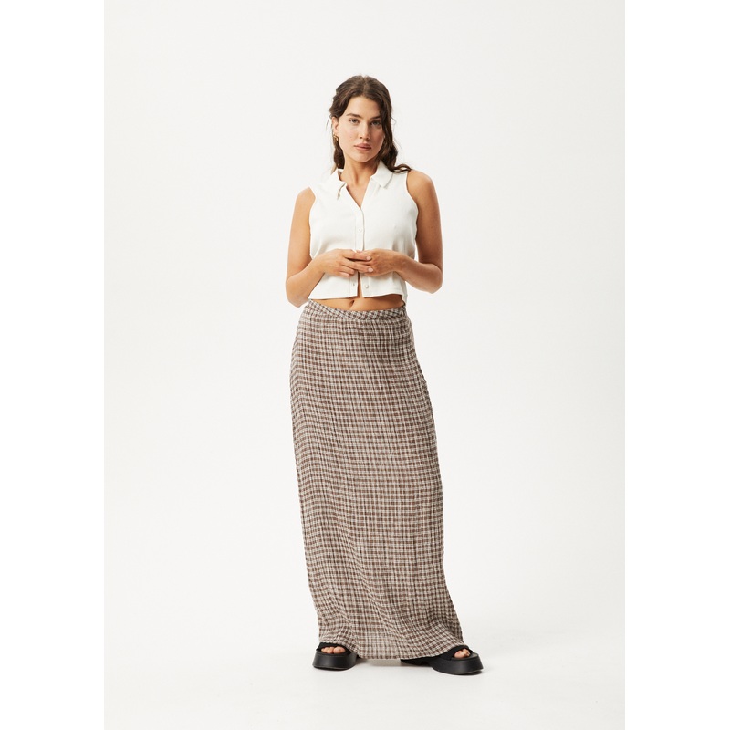 AFENDS Womens Base – Seersucker Maxi Skirt – Coffee Check