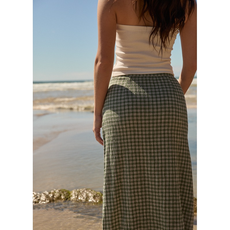 AFENDS Womens Base – Seersucker Maxi Skirt – Deep Green Check