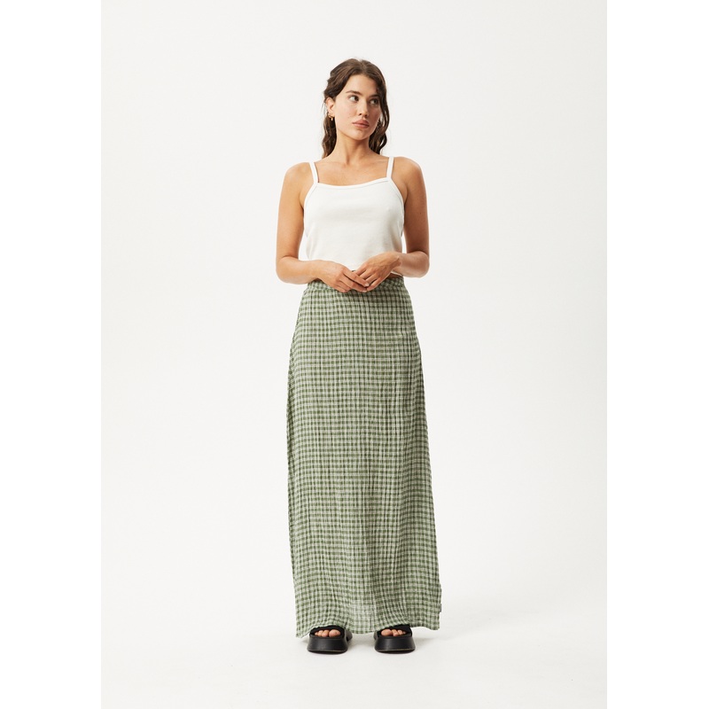AFENDS Womens Base – Seersucker Maxi Skirt – Deep Green Check
