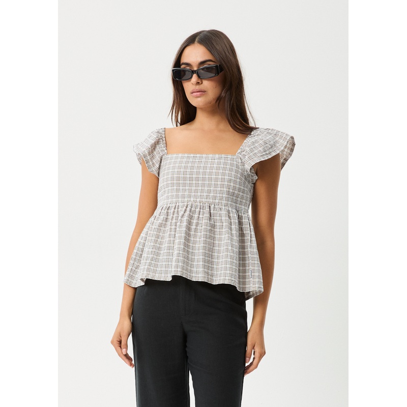 AFENDS Womens Drew – Seersucker Top – Taupe Check