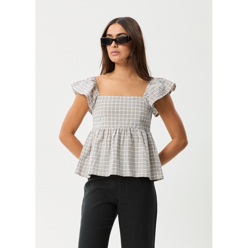 AFENDS Womens Drew – Seersucker Top – Taupe Check