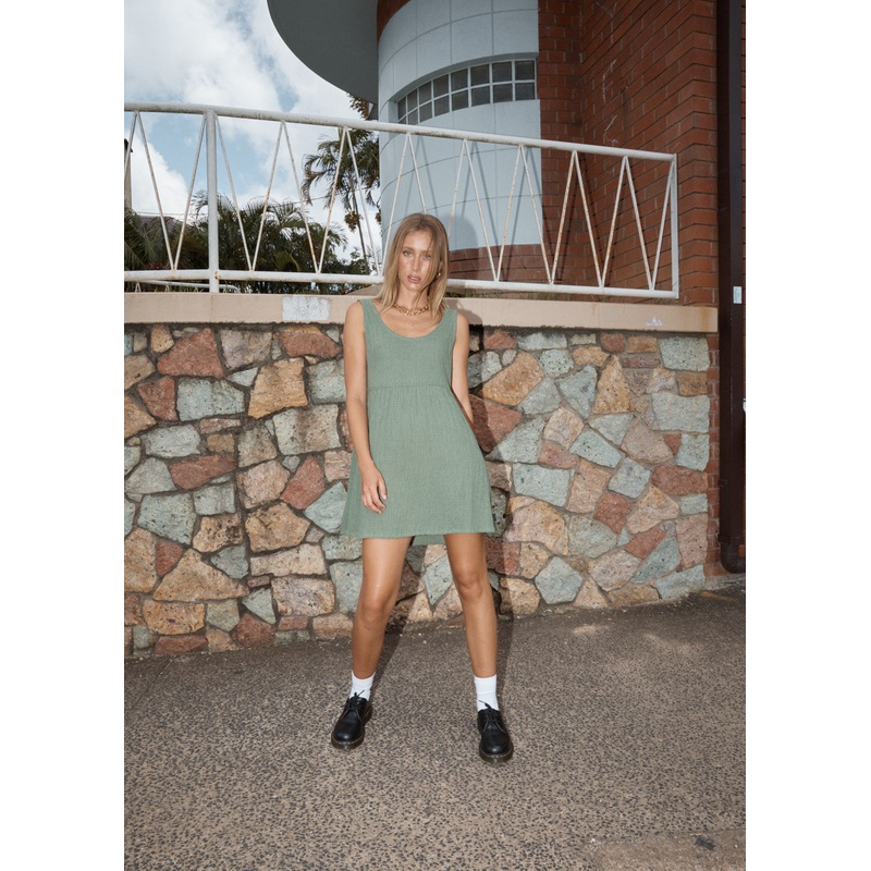 AFENDS Womens Focus Jesse – Seersucker Mini Dress – Oil Green