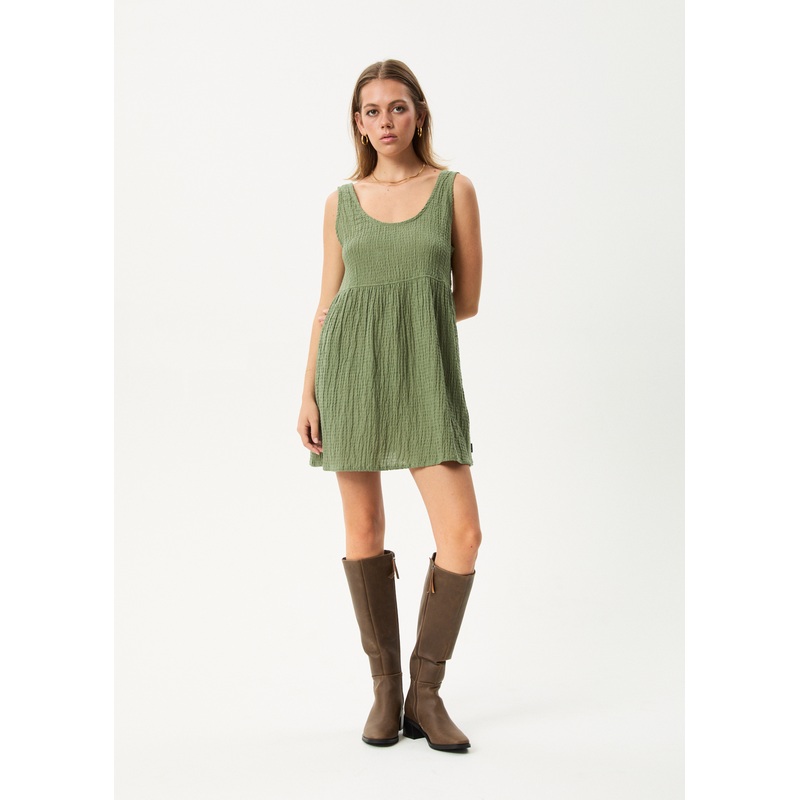 AFENDS Womens Focus Jesse – Seersucker Mini Dress – Oil Green