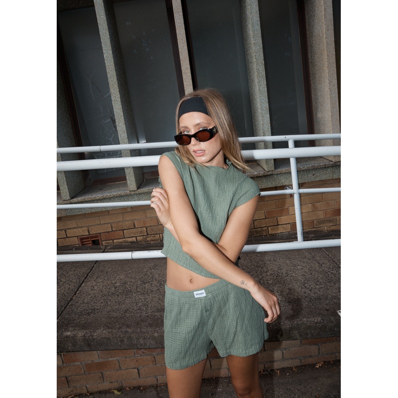 AFENDS Womens Focus – Seersucker Boxer Short – Oil Green