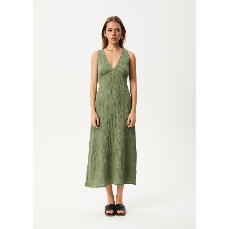 AFENDS Womens Focus – Seersucker Maxi Dress – Oil Green