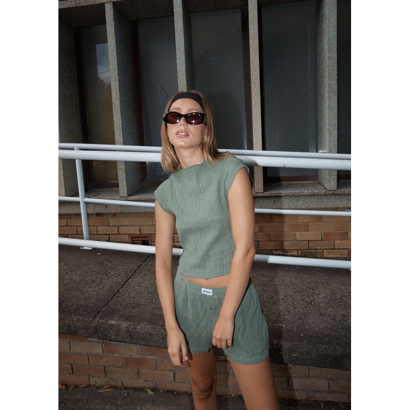 AFENDS Womens Focus – Seersucker Mock Neck Top – Oil Green