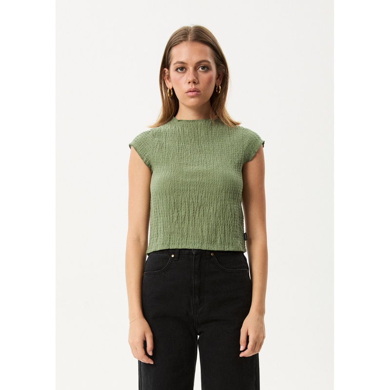 AFENDS Womens Focus – Seersucker Mock Neck Top – Oil Green