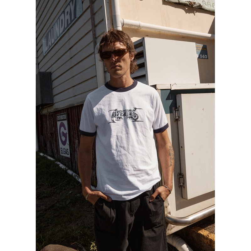 AFENDS Mens All Eyez – Ringer Tee – White / Deep Sea