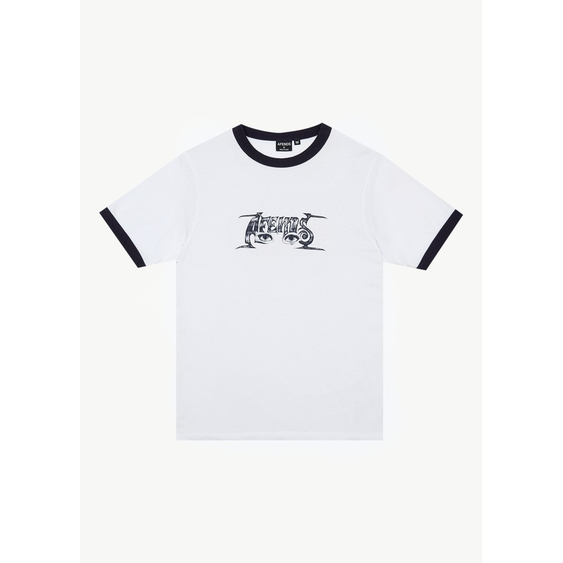 AFENDS Mens All Eyez – Ringer Tee – White / Deep Sea