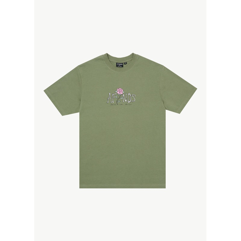 AFENDS Mens Smell The Roses – Retro Tee – Oil Green