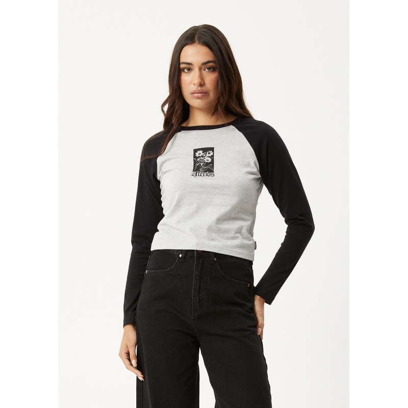 AFENDS Womens Adele –  Long Sleeve Raglan Tee – Black / Grey Marle