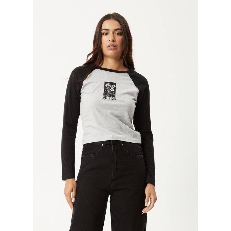 AFENDS Womens Adele –  Long Sleeve Raglan Tee – Black / Grey Marle