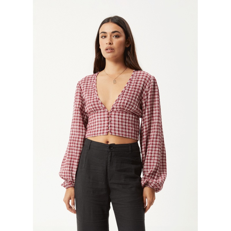 AFENDS Womens Base – Seersucker Long Sleeve Top – Burgundy Check