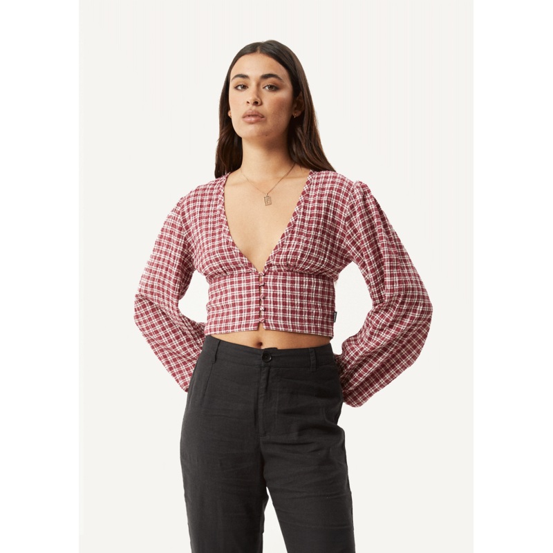 AFENDS Womens Base – Seersucker Long Sleeve Top – Burgundy Check