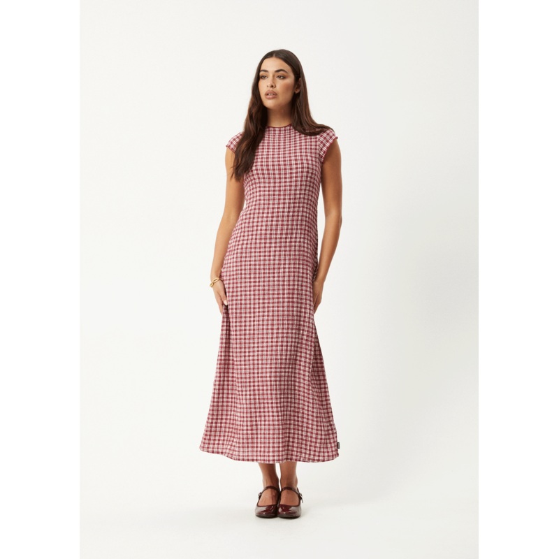AFENDS Womens Base – Seersucker Midi Dress – Burgundy Check