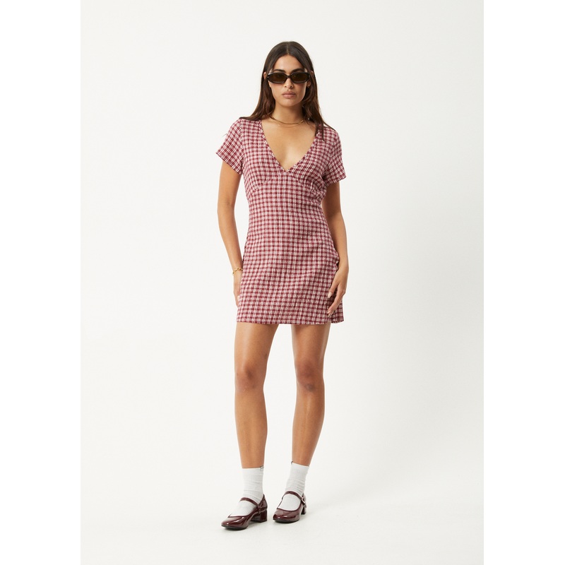 AFENDS Womens Base – Seersucker Mini Dress – Burgundy Check