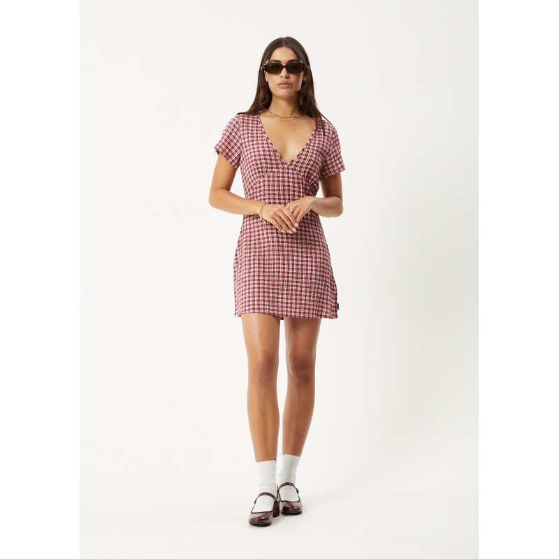 AFENDS Womens Base – Seersucker Mini Dress – Burgundy Check