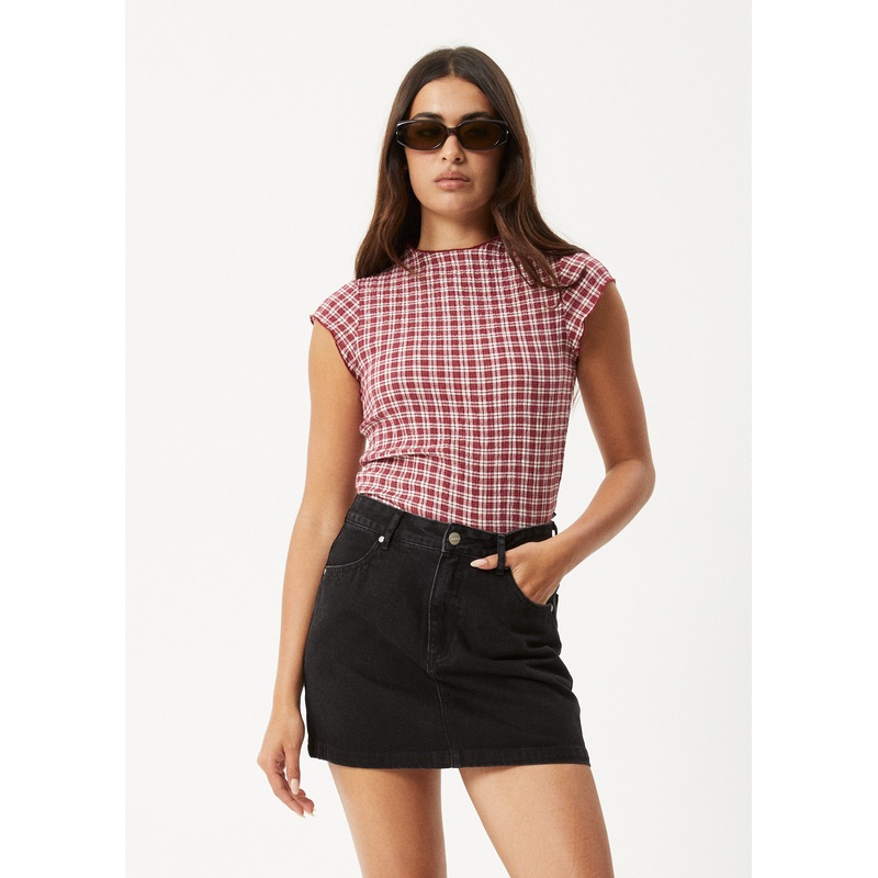 AFENDS Womens Base – Seersucker Mock Neck Top – Burgundy Check