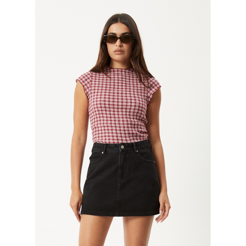 AFENDS Womens Base – Seersucker Mock Neck Top – Burgundy Check