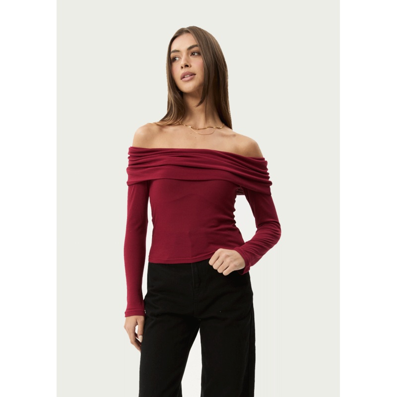 AFENDS Womens Beckett – Off-Shoulder Long Sleeve Top – Burgundy