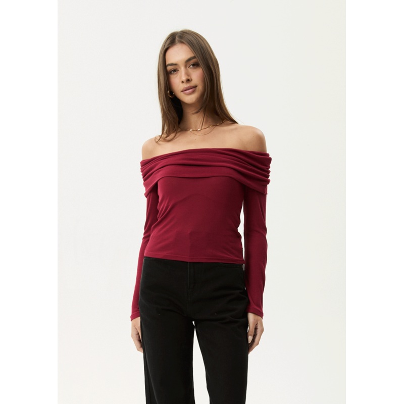 AFENDS Womens Beckett – Off-Shoulder Long Sleeve Top – Burgundy