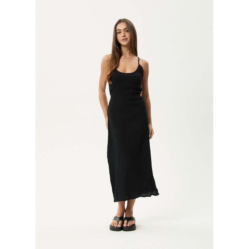 AFENDS Womens Focus Rumi – Seersucker Midi Dress – Black