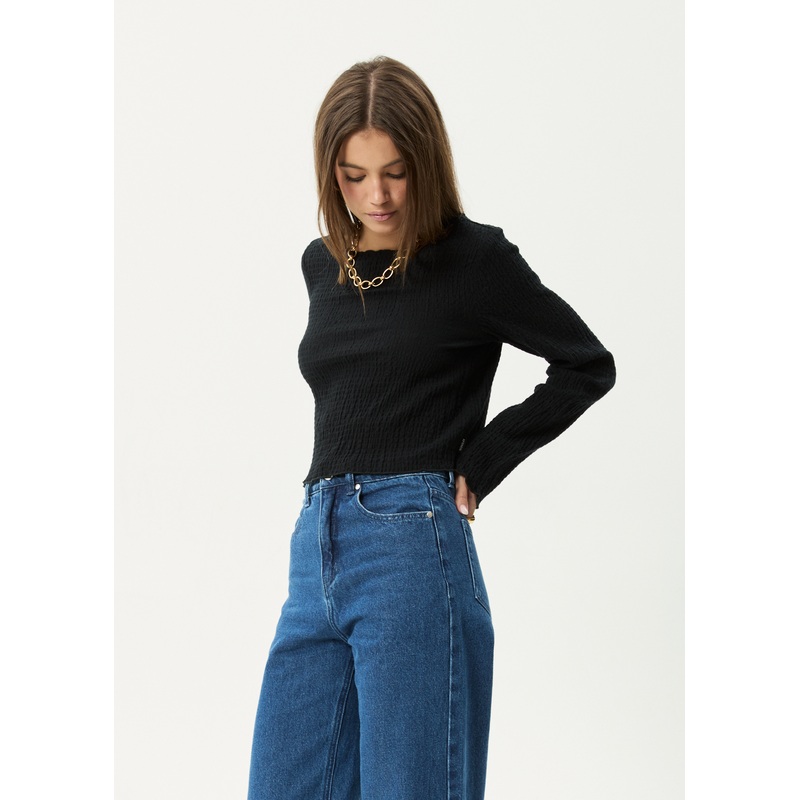 AFENDS Womens Focus – Seersucker Long Sleeve Top – Black