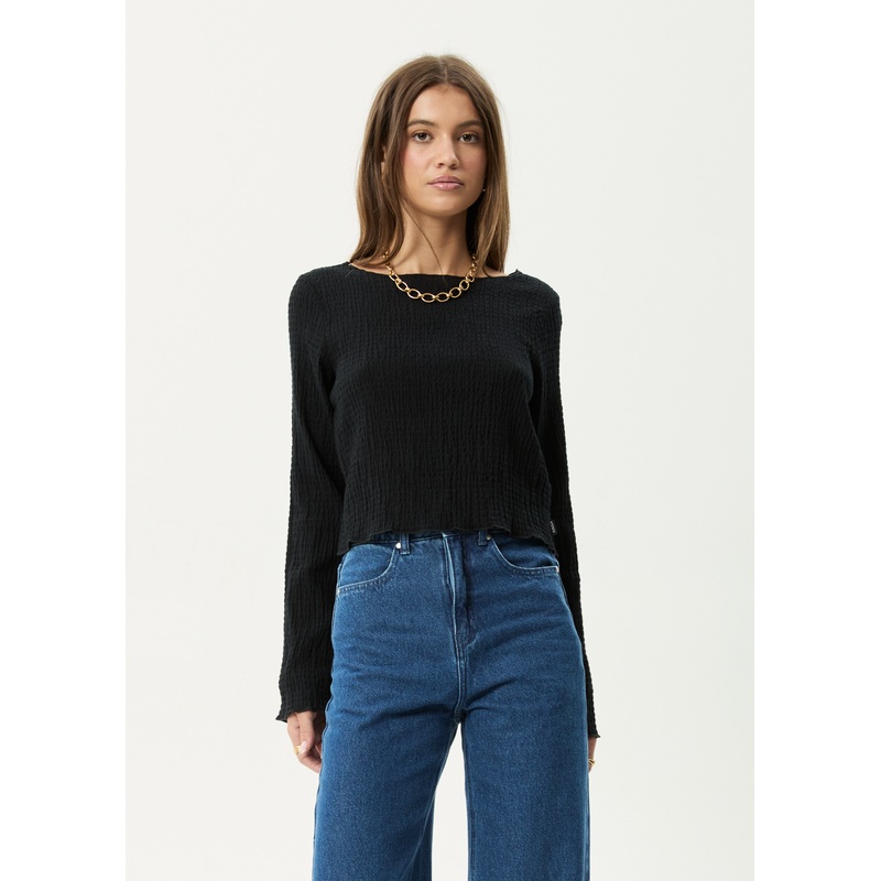 AFENDS Womens Focus – Seersucker Long Sleeve Top – Black