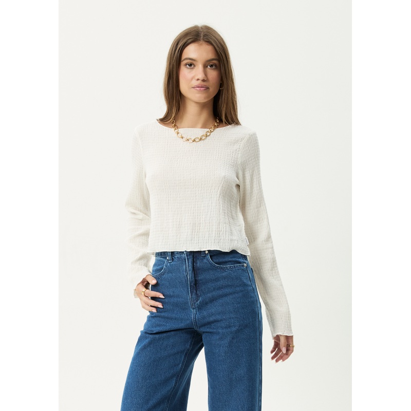 AFENDS Womens Focus – Seersucker Long Sleeve Top – Off White