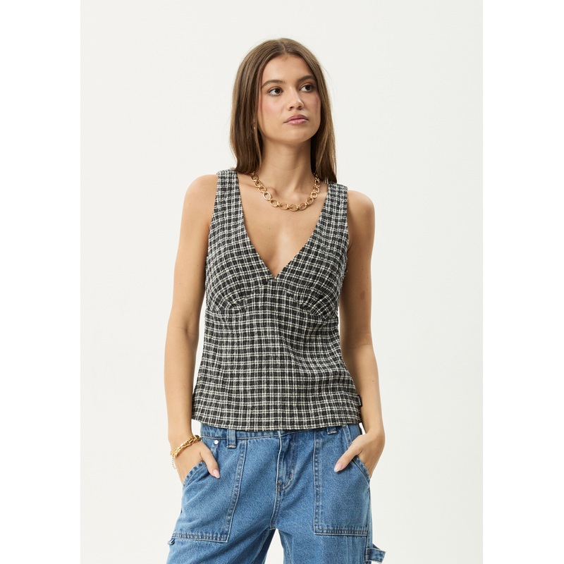 AFENDS Womens Giselle Asta – Seersucker Top – Steel Check