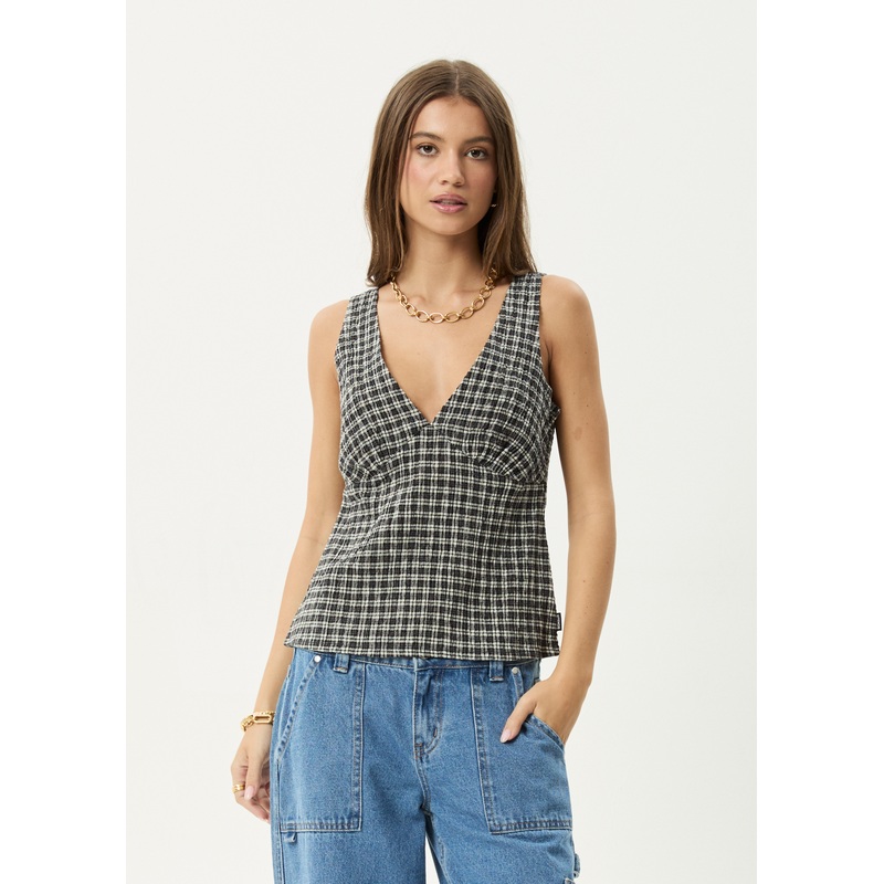 AFENDS Womens Giselle Asta – Seersucker Top – Steel Check