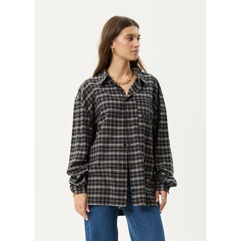 AFENDS Mens Darkness – Long Sleeve Shirt – Black Check