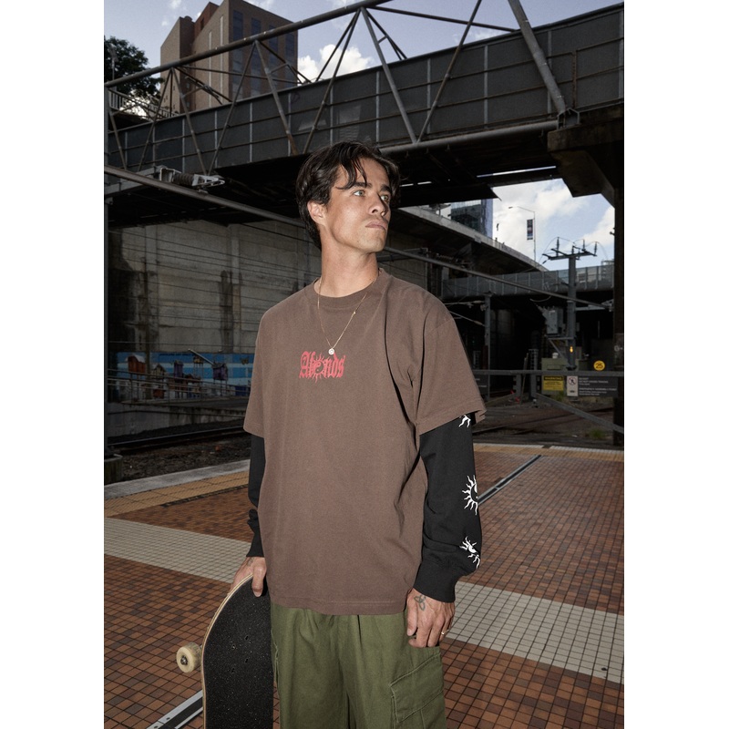 AFENDS Mens Double Trouble – Layered Boxy Tee – Coffee