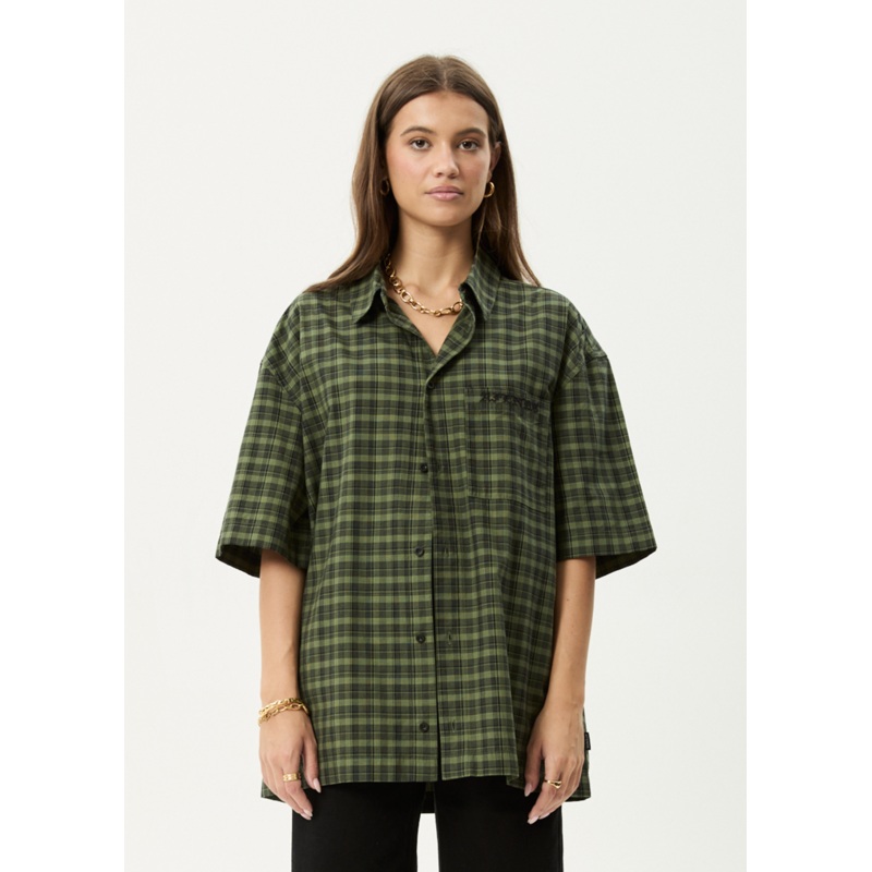 AFENDS Mens Ghost – Short Sleeve Shirt – Oil Green