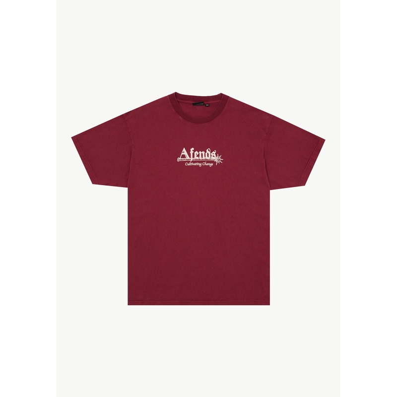 AFENDS Mens Mace Life – Boxy Tee – Washed Burgundy