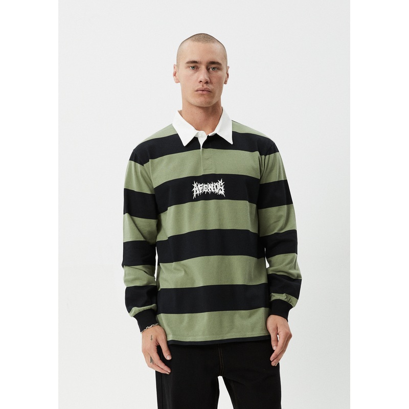 AFENDS Mens Mental – Rugby Long Sleeve Tee – Oil Green