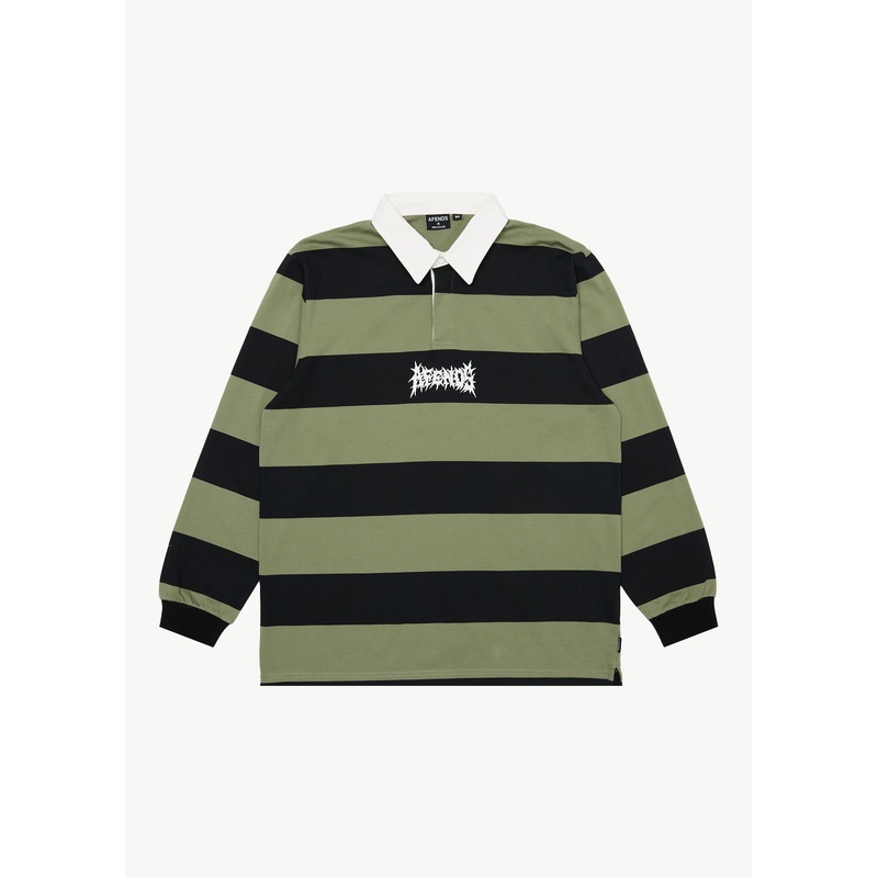 AFENDS Mens Mental – Rugby Long Sleeve Tee – Oil Green