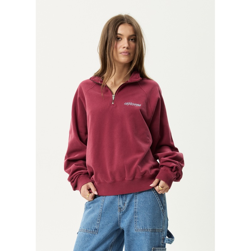AFENDS Mens Quartz Zip – Raglan Quarter Zip Crew – Washed Burgundy