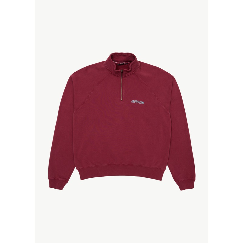 AFENDS Mens Quartz Zip – Raglan Quarter Zip Crew – Washed Burgundy