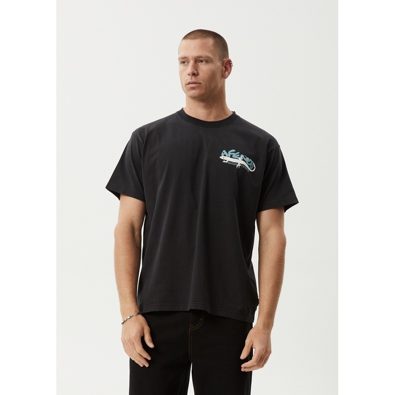 AFENDS Mens Reptilian – Heavyweight Boxy Tee – Stone Black