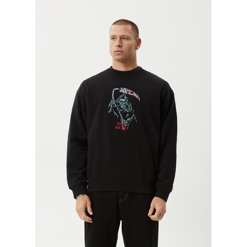 AFENDS Mens Surf Or Fly – Crew Neck Jumper – Black