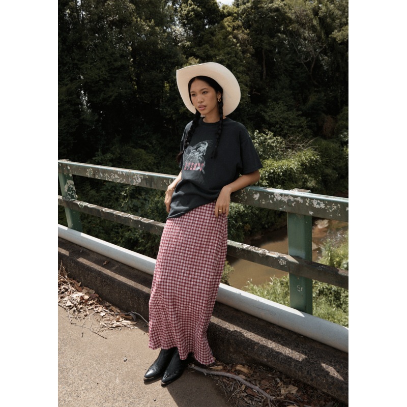 AFENDS Womens Base – Seersucker Maxi Skirt – Burgundy Check