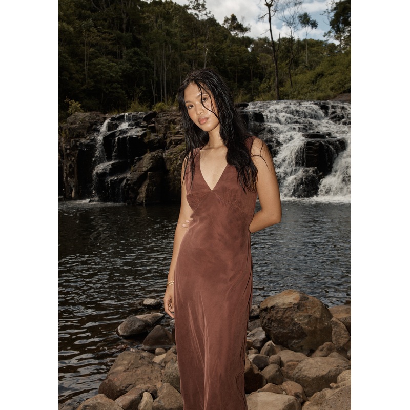 AFENDS Womens Gia – Cupro Maxi Dress – Hazelnut