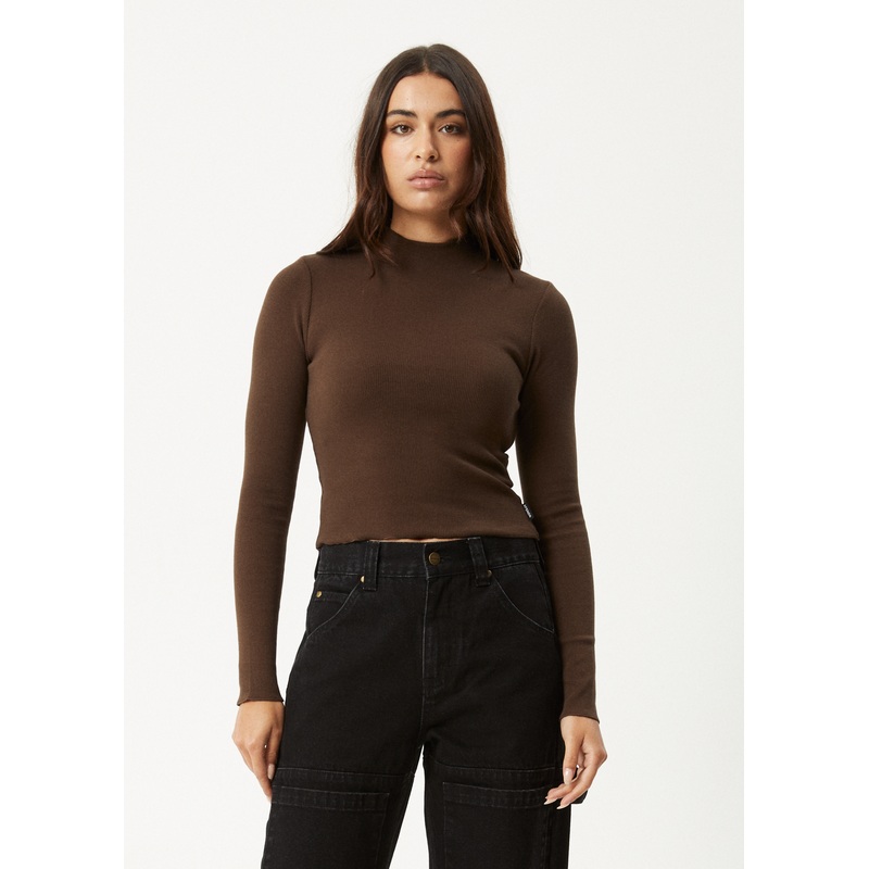 AFENDS Womens Iconic – Long Sleeve Rib Top – Coffee