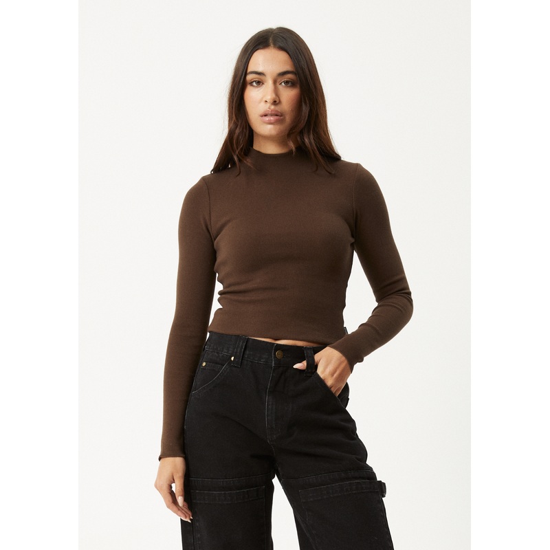AFENDS Womens Iconic – Long Sleeve Rib Top – Coffee