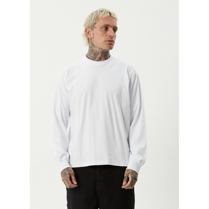 AFENDS Mens Genesis – Boxy Long Sleeve Tee – White