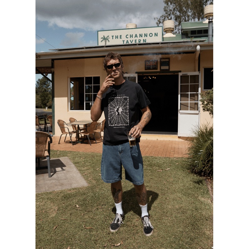 AFENDS Mens World Wide – Boxy Tee – Stone Black